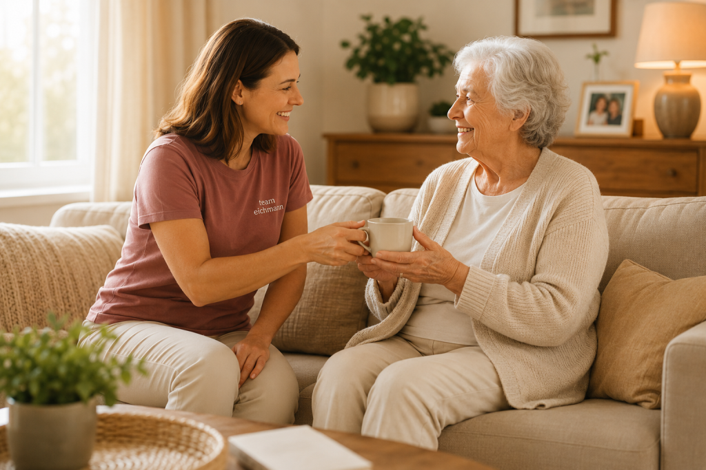 Lächelnde Betreuerin reicht älteren Dame eine Tasse Tee.