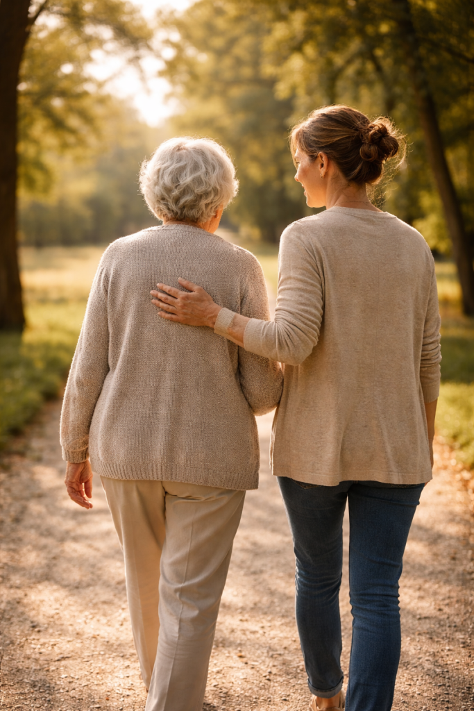 Betreuerin legt liebevoll den Arm um ältere Dame beim Spaziergang. 
