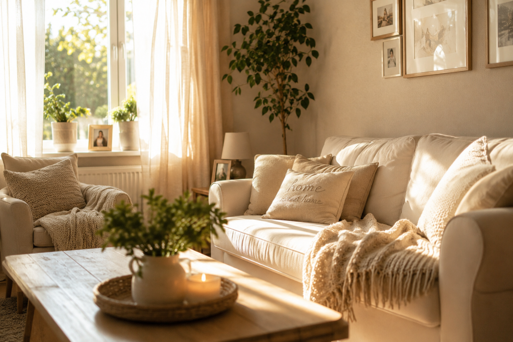Gemütliches Wohnzimmer mit warmen Tageslicht, hellen Naturtönen, bequemer Couch und liebevollen Dekorationen - ein Zuhause, das Geborgenheit und Lebensqualität im Alter ausstrahlt. 