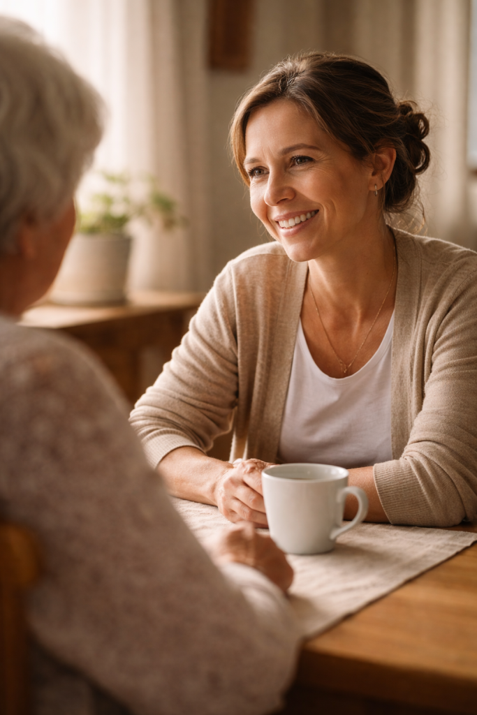 Betreuerin sitzt mit Seniorin beim Kaffee und lächelt.