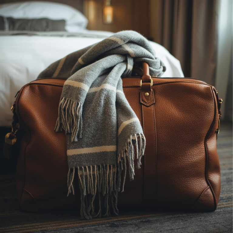 Braune Reisetasche mit einem grauen Schal vor einem Bett in einem Hotelzimmer.