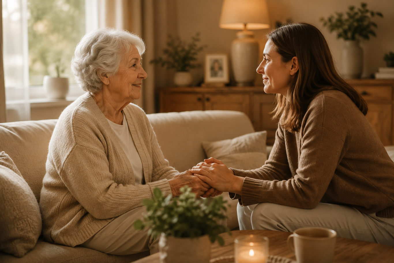 Wir fühlten uns sofort verstanden Zwei Frauen sitzen auf einem Sofa, halten sich an den Händen und unterhalten sich freundlich.