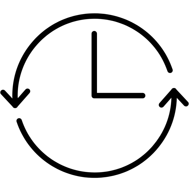 Symbol einer Uhr mit zwei Pfeilen im Kreis, was Verlässlichkeit darstellt.