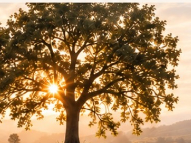 Großer Baum im warmen Sonnenlicht als Symbol für Geborgenheit, Beständigkeit und Lebensqualität.