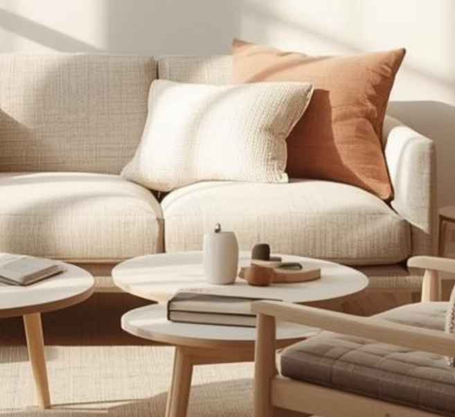 Helle Wohnzimmereinrichtung mit Sofa, Kissen und runden Couchtischen im Sonnenlicht.