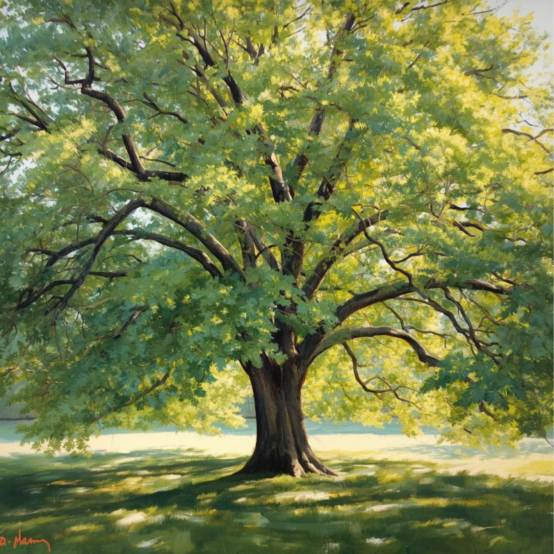 Ein großer, grüner Baum mit weitreichenden Ästen und hellem Laub im Sonnenlicht.