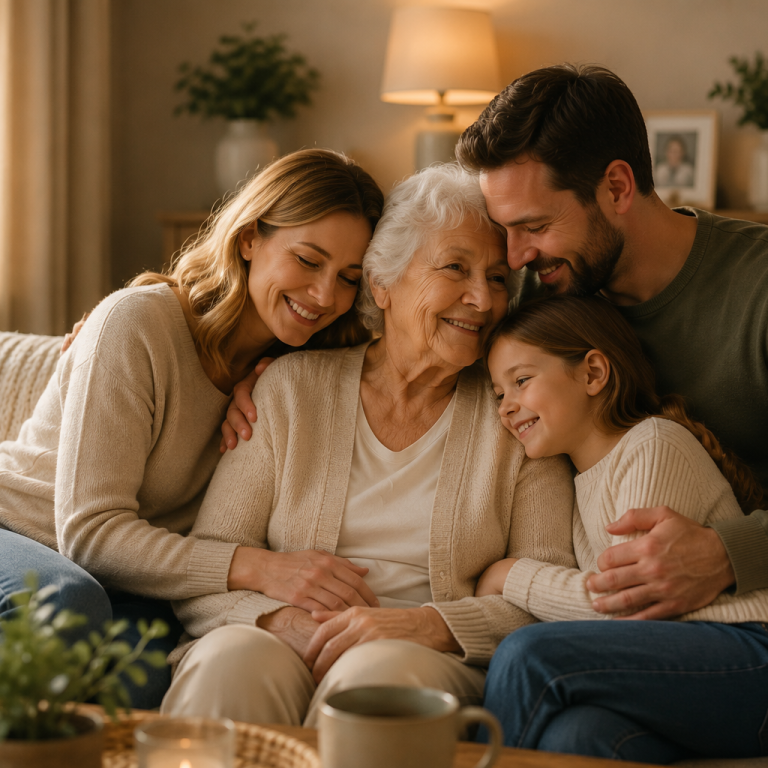Eine glückliche Familie umarmt eine Großmutter in einem gemütlichen Wohnzimmer.