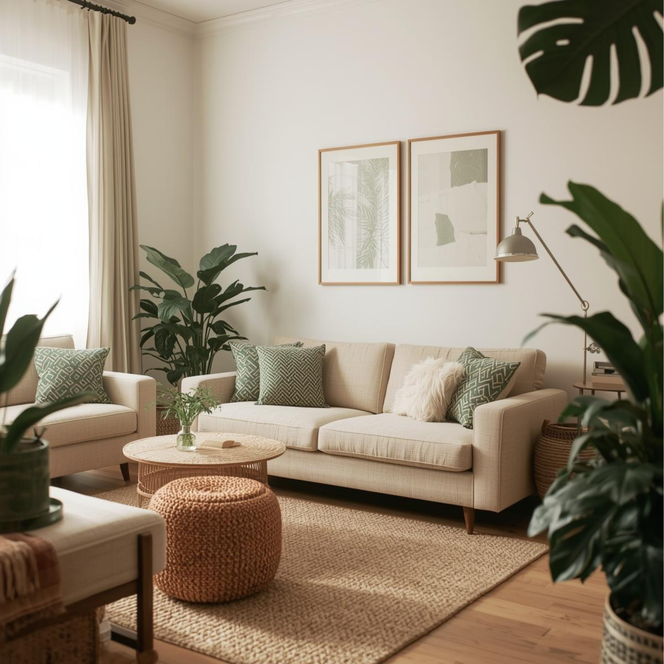 Heller Wohnraum mit Pflanzen, beigen Sofas und modernen Kunstwerken an der Wand.