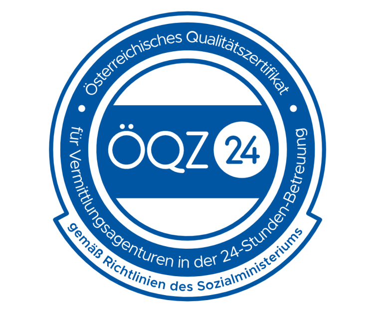 Logo des Österreichischen Qualitätszentrums für 24-Stunden-Betreuung in Blau und Weiß.