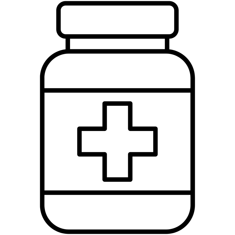 Medizinflasche mit rotem Kreuz, symbolisiert Medizin oder Arzneimittel.