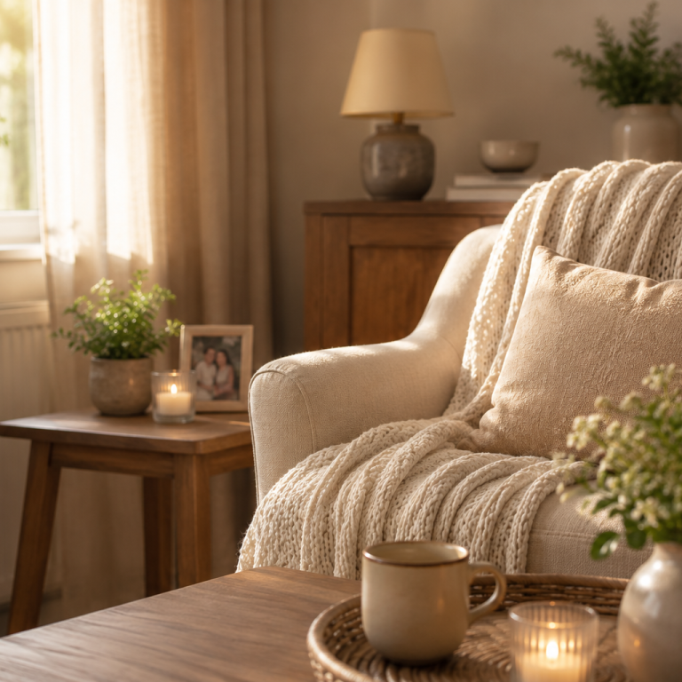 Gemütliches Wohnzimmer mit einem Sessel, Decke, Pflanzen und Kerzenlicht.
