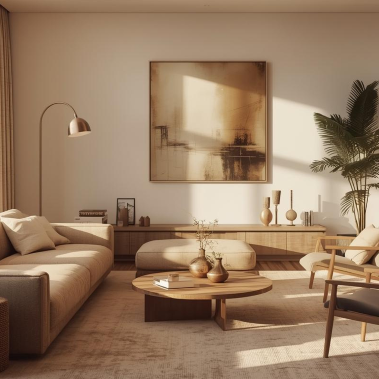 Helles Wohnzimmer mit beigen Möbeln, Pflanzen und moderner Kunst an der Wand.