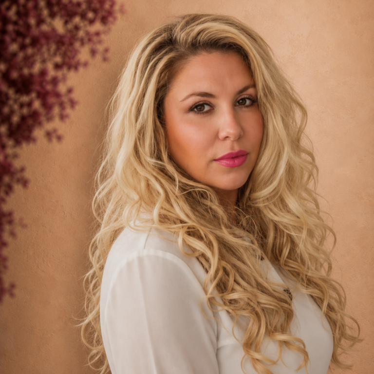 Blonde Frau mit lockigem Haar, in weißem Oberteil, vor einem neutralen Hintergrund.