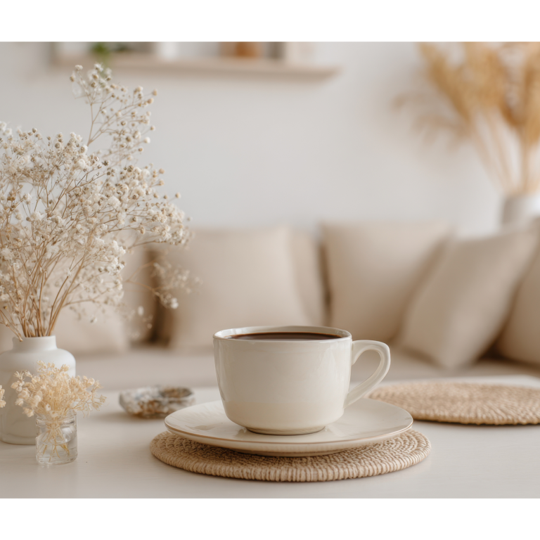 Beige Tasse Kaffee auf einem Untersetzer, umgeben von Trockenblumen und einem hellen Sofa.