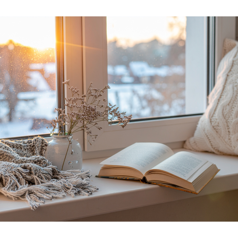 Offenes Buch auf Fensterbank mit Pflanze und sanftem Abendlicht im Hintergrund.